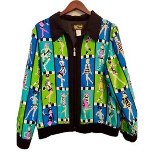 Bob Mackie, Vintage Wearable Art Bomber Jacket Silk Pop Art Mod Girl, Size Large